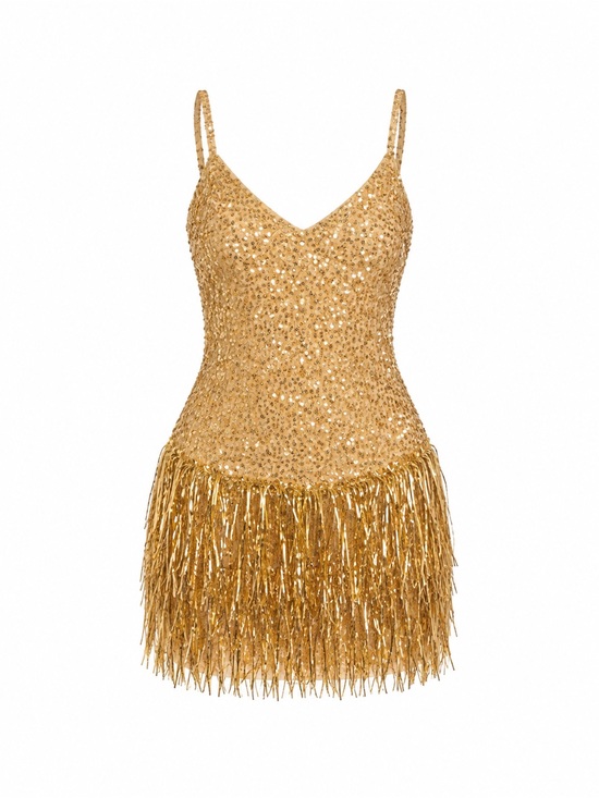 None Dresses & Skirts - Gold Sequin Fringe Mini Dress